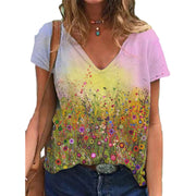 T-shirt a maniche corte colorata con scollo a V stampata estiva da donna