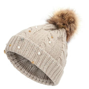 Cappello invernale da donna, carino, con perle e stelle lunari, lavorato a maglia